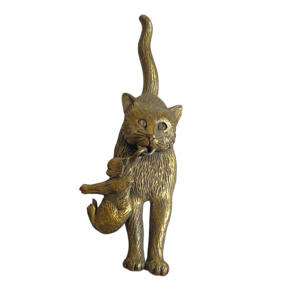 Vintage JJ Jonette Signed Mother Cat & Dangle Kitten Brooch Pin Gold Tone 3" MCM